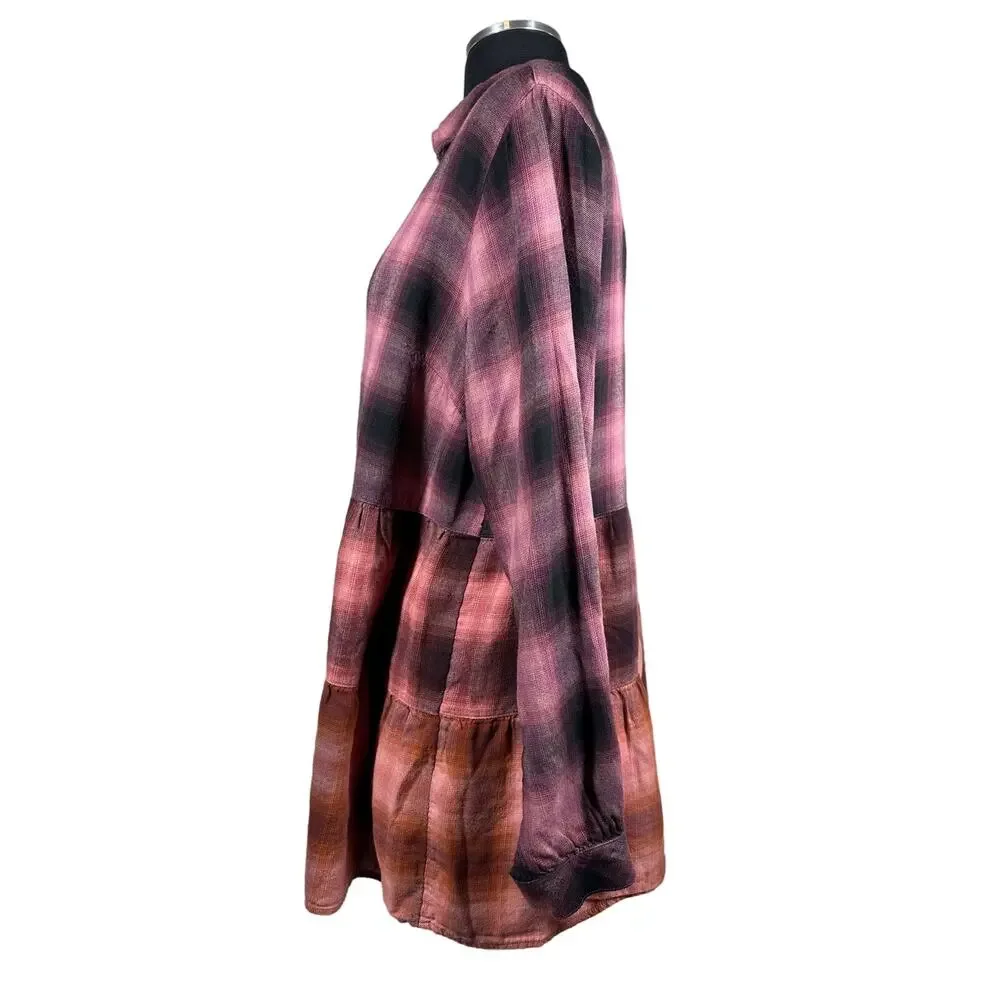 J.Jill Ombre Plaid Tiered Babydoll Button Up Tunic Top Long Sleeve Burgundy Sz M - Picture 5 of 15